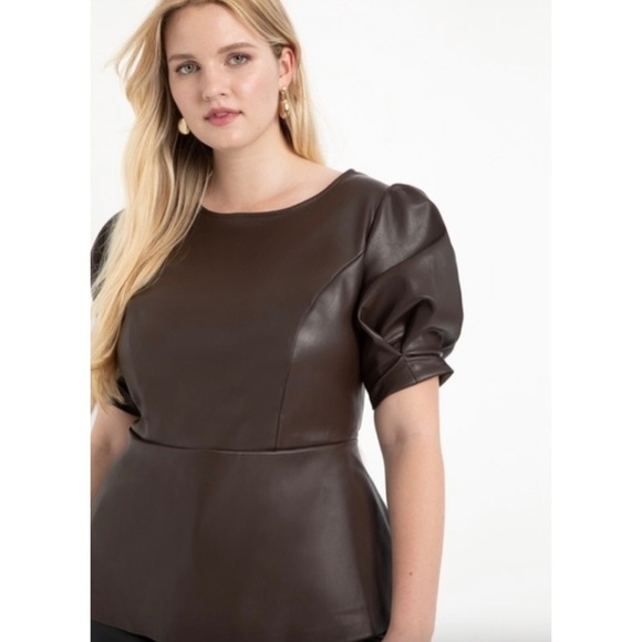 G031 Eloquii Faux Leather Puff Sleeve Peplum Top Brown - Picture 1 of 6
